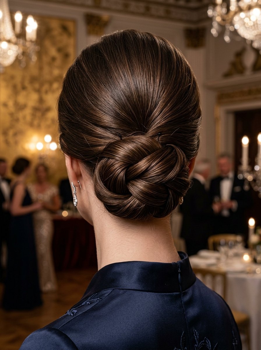 Close-up back view of a woman with sleek dark brown hair styled in a braided low bun wearing a navy dress.