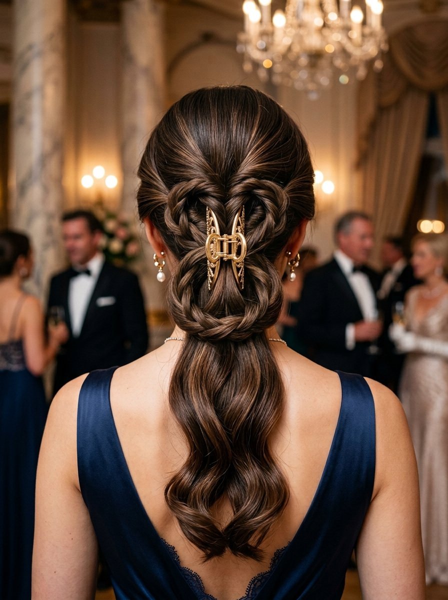 Back view of a woman with brunette wavy hair styled in an updo with a gold claw clip at a formal event.