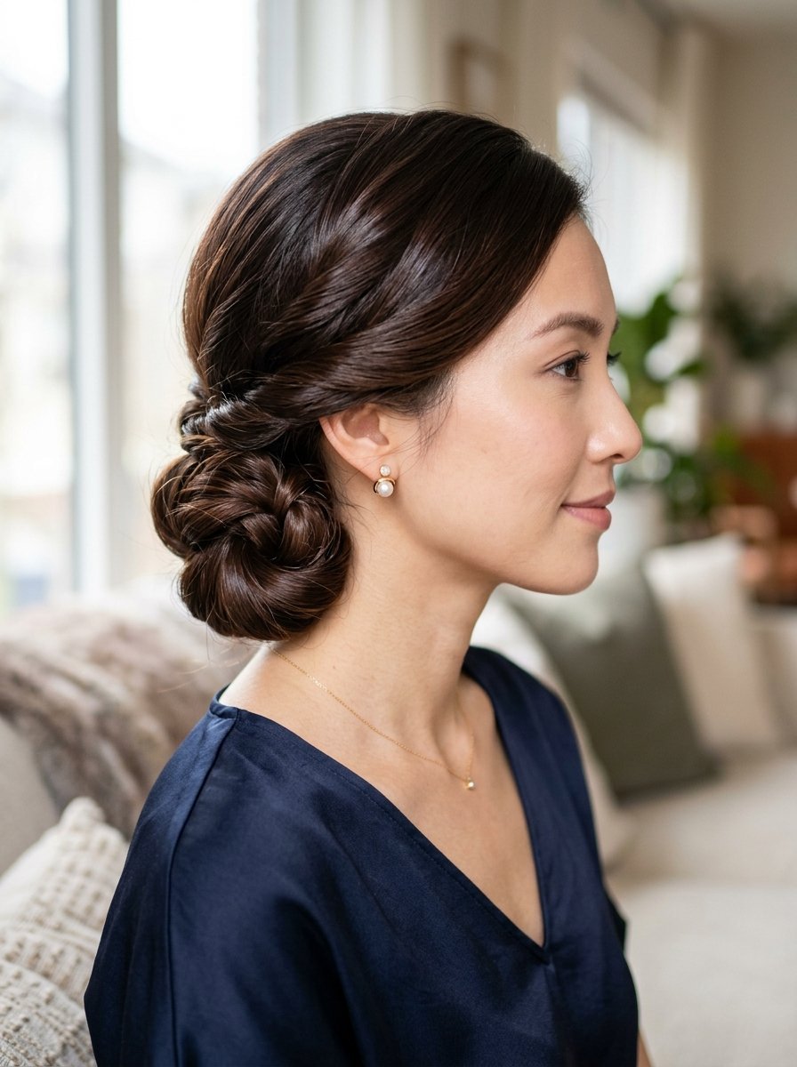Side profile view of a woman with brunette hair styled in a sophisticated low chignon braid wearing a navy top.