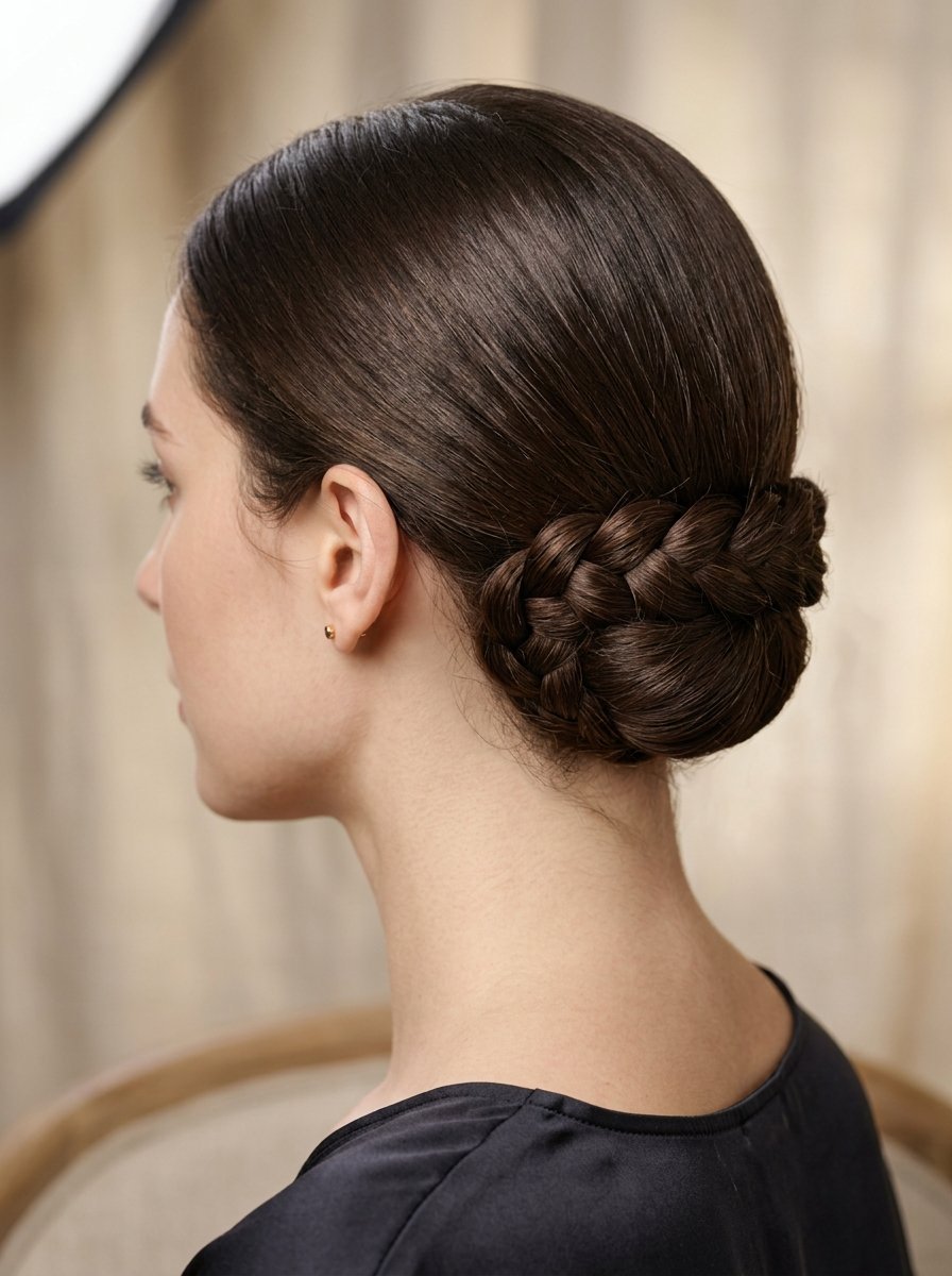 Close-up side profile of a woman with dark brown hair styled in a neat, intricate low braided chignon bun.
