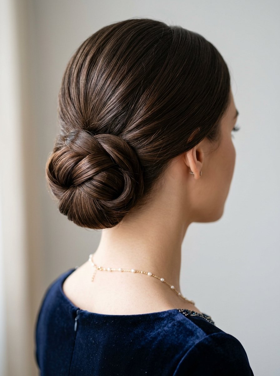 Close-up back view of a woman with brown hair styled in a sleek, intricate braided low bun wearing a velvet top.