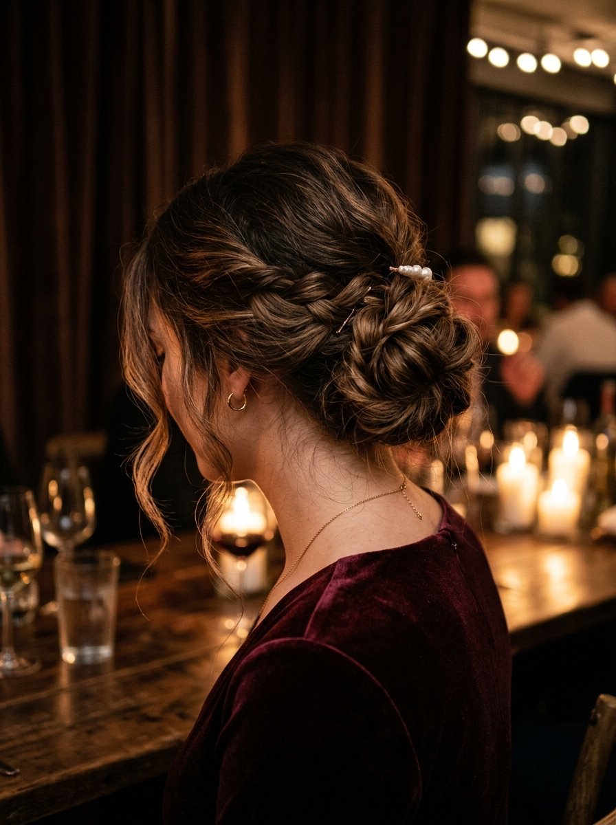 Side profile of a woman wearing a sophisticated brown braided bun with a pearl hair accessory at a candlelit table.