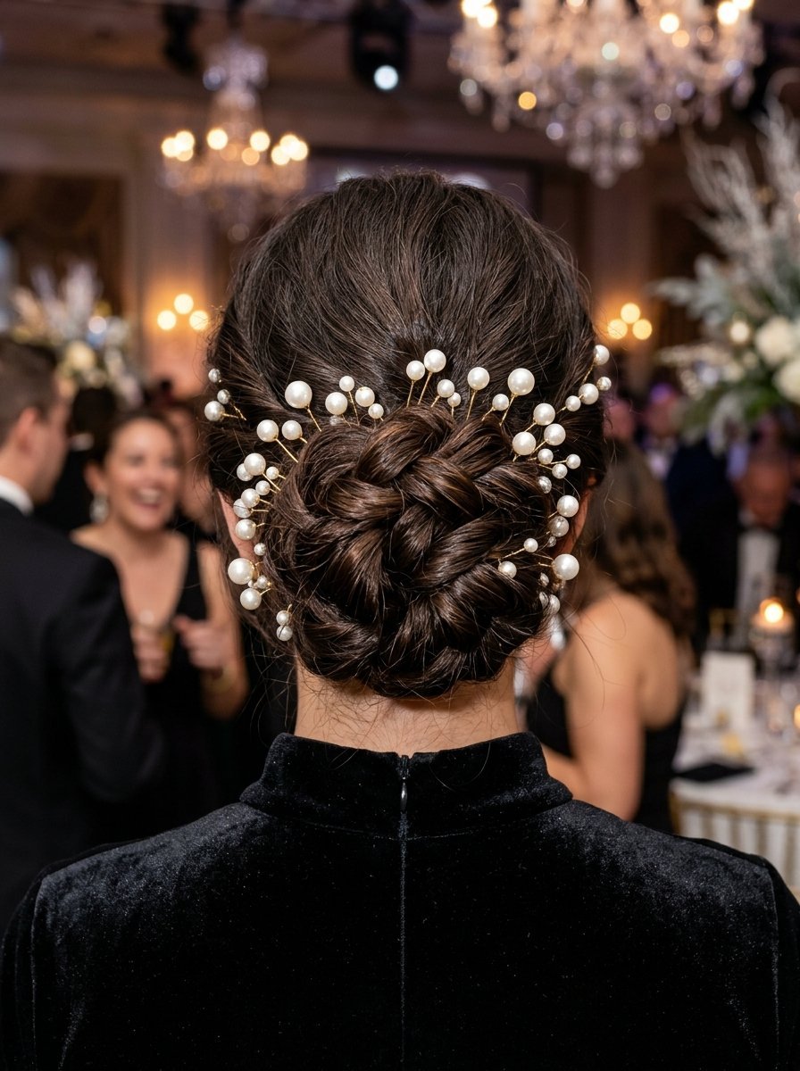 Close up rear view of a dark haired woman wearing an elegant braided hairstyle decorated with numerous pearl hair pins.