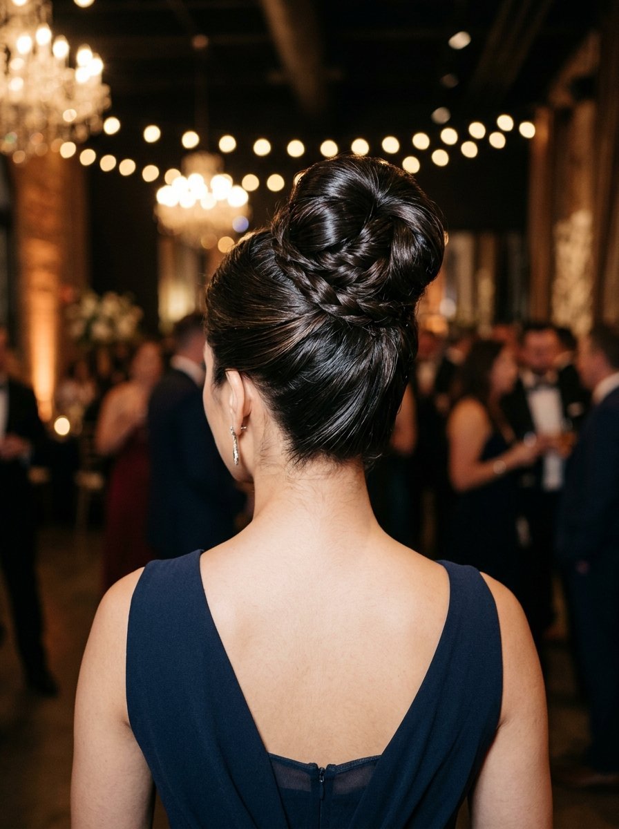 Back view of a woman with dark hair styled in a sophisticated braided updo, wearing a navy dress at a wedding reception.