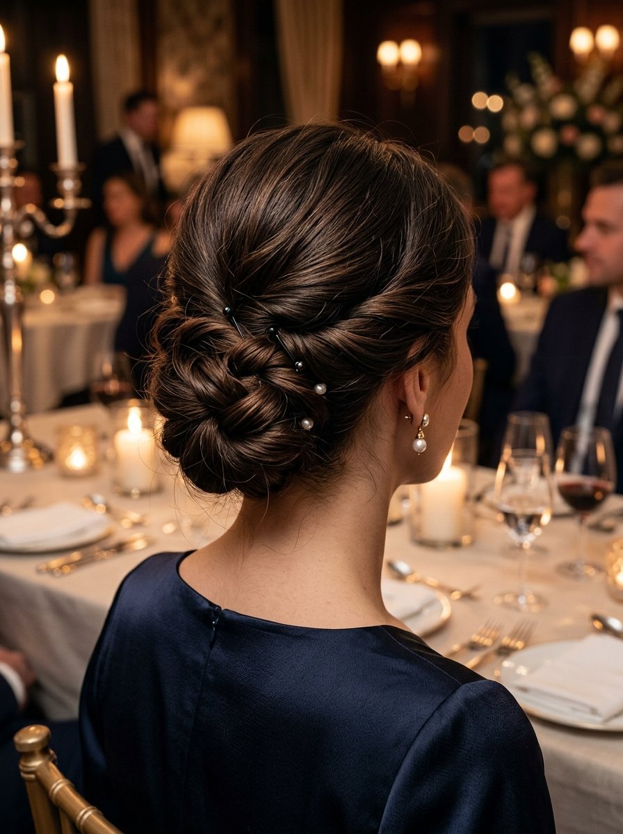 Close up rear view of a woman with brunette hair styled in a braided bun accented with pearl pins at a banquet.