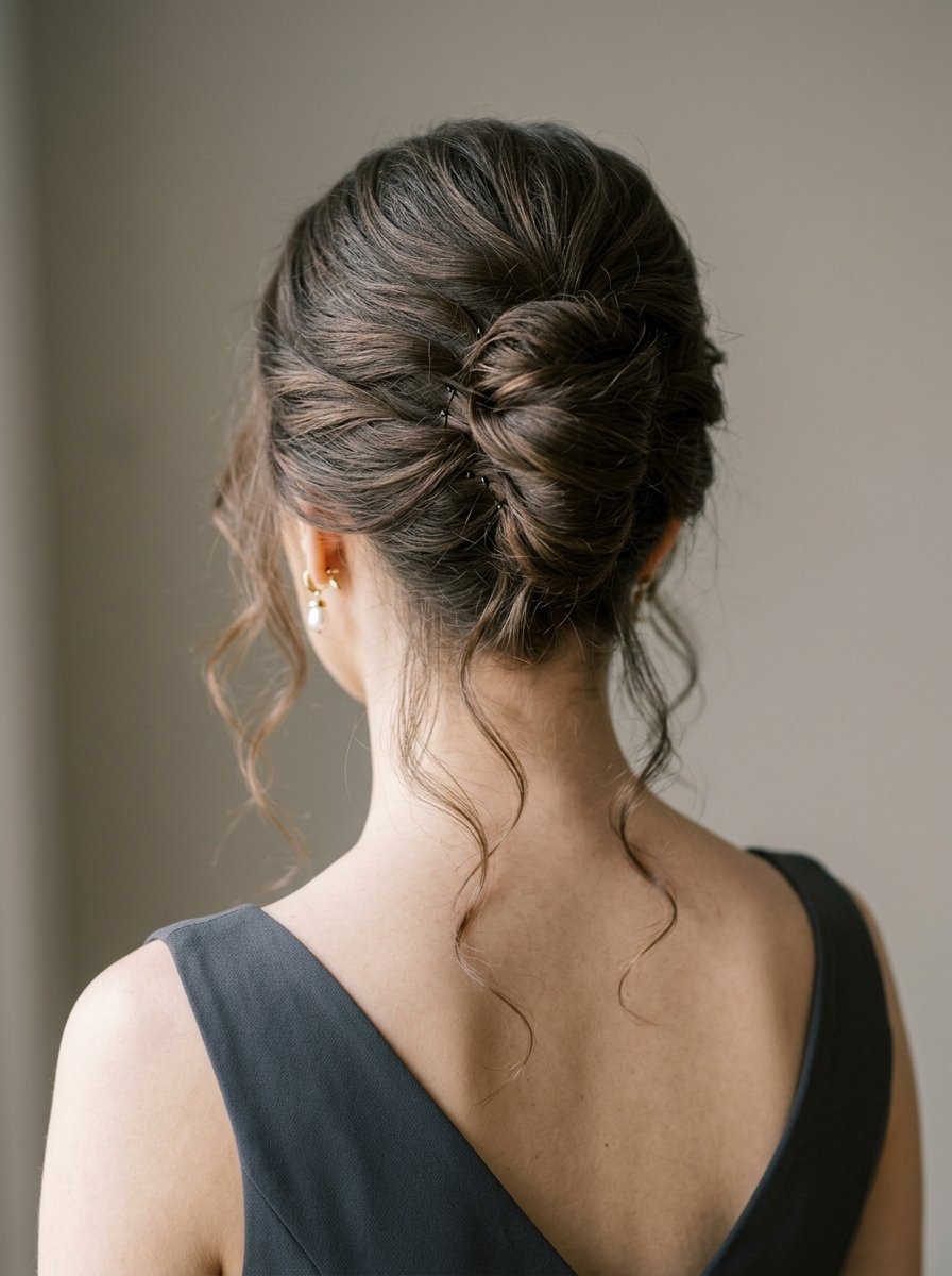 Back view of a woman with brunette hair styled in a chic twisted low bun with face-framing pieces.