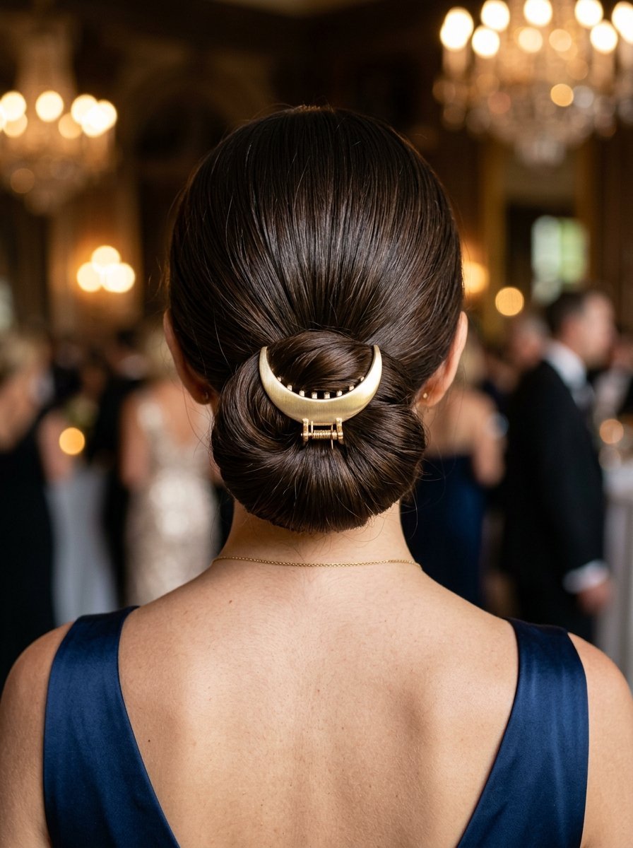 Close-up back view of a woman with a smooth low bun hairstyle and a crescent moon hair clip.