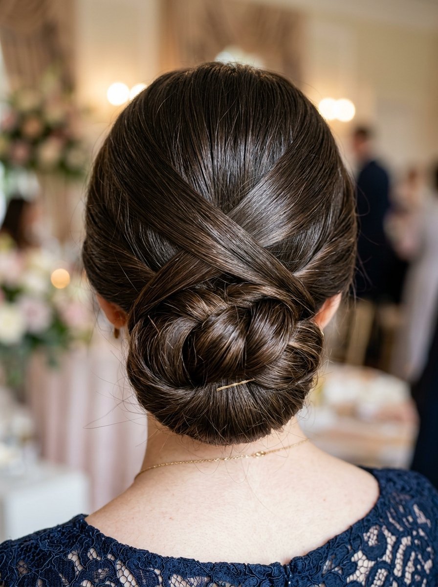 Close-up back view of a woman wearing a formal low braided bun hairstyle with gold hairpin detail.