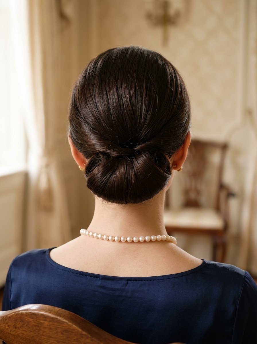Back view of a woman wearing a navy blue top and pearl necklace with a smooth, polished low bun hairstyle.