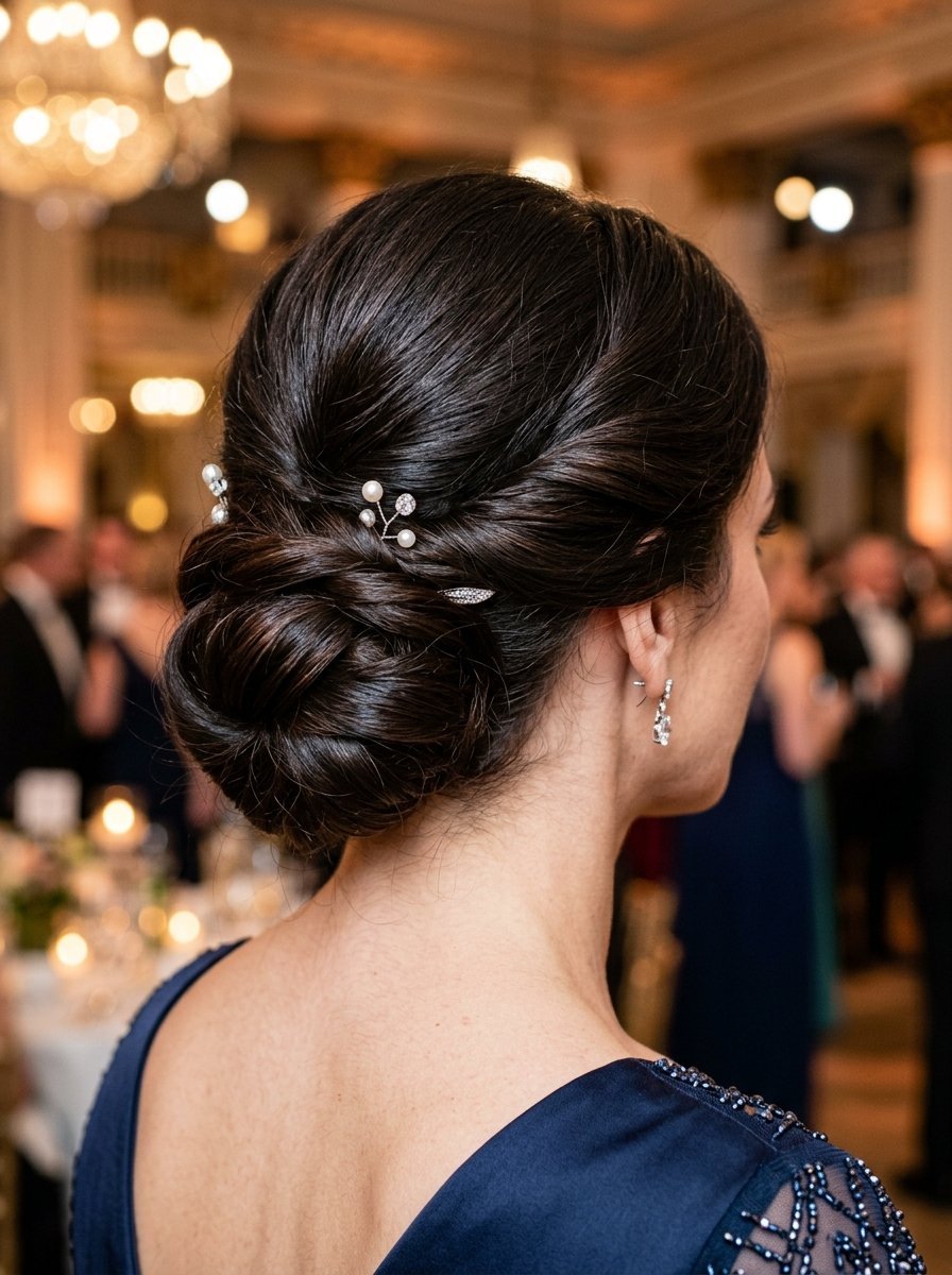 A brunette woman wearing a low updo with pearl and rhinestone hair pins, viewed from the back.