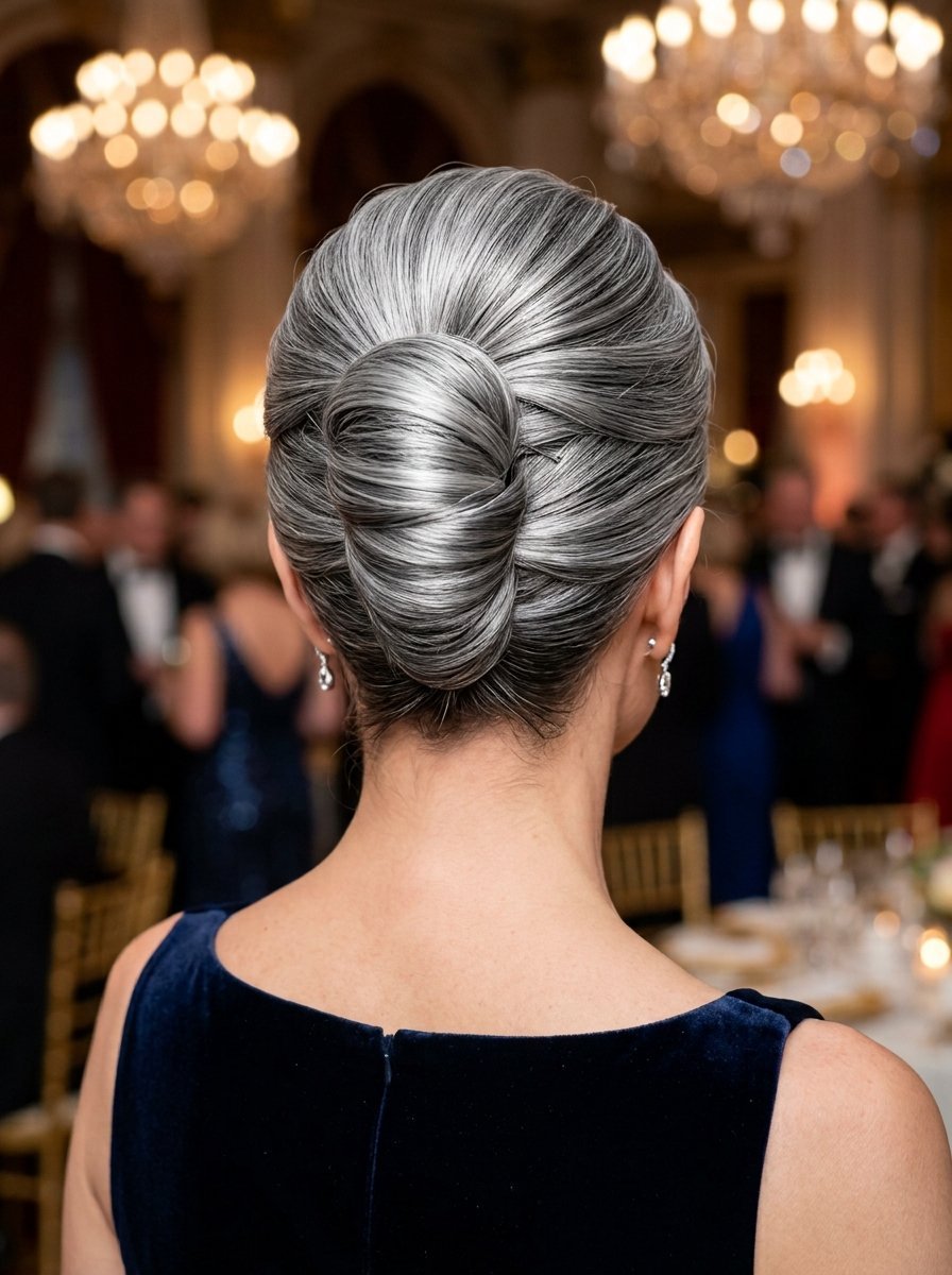 Close-up back view of a woman with grey hair styled in a sleek, elegant low bun at a gala event.