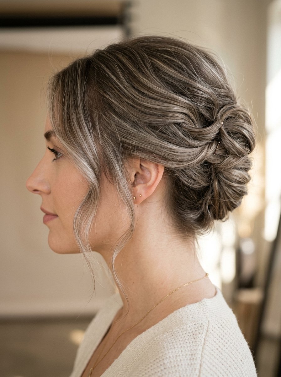 Close up profile of a woman with blonde highlighted hair styled into an intricate, textured low updo with face-framing strands.