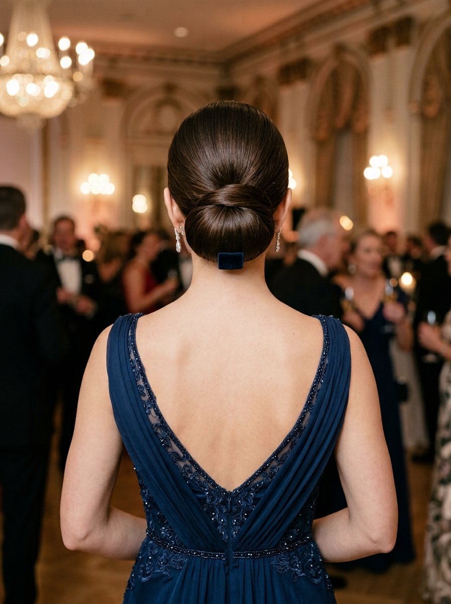 Back view of a woman with a dark brown low bun hairstyle and a deep blue beaded formal dress at a gala event.