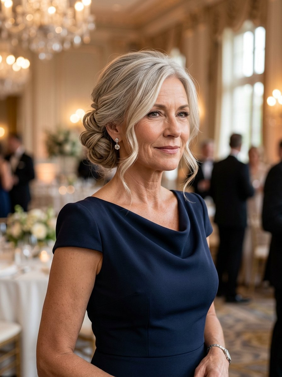 Portrait of an elegant older woman with grey hair in an updo wearing a navy blue dress at an indoor event.