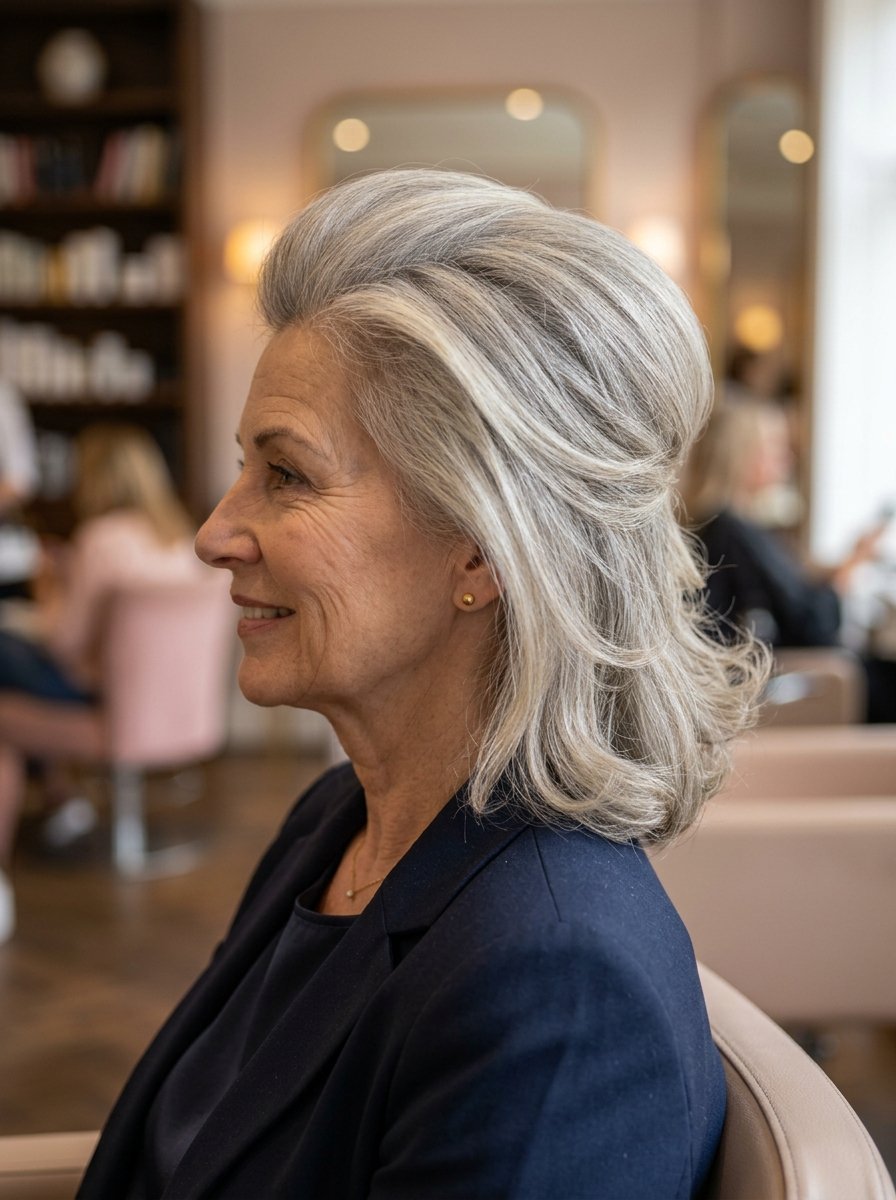 Side profile of a sophisticated older woman with styled silver hair wearing a navy blue blazer.