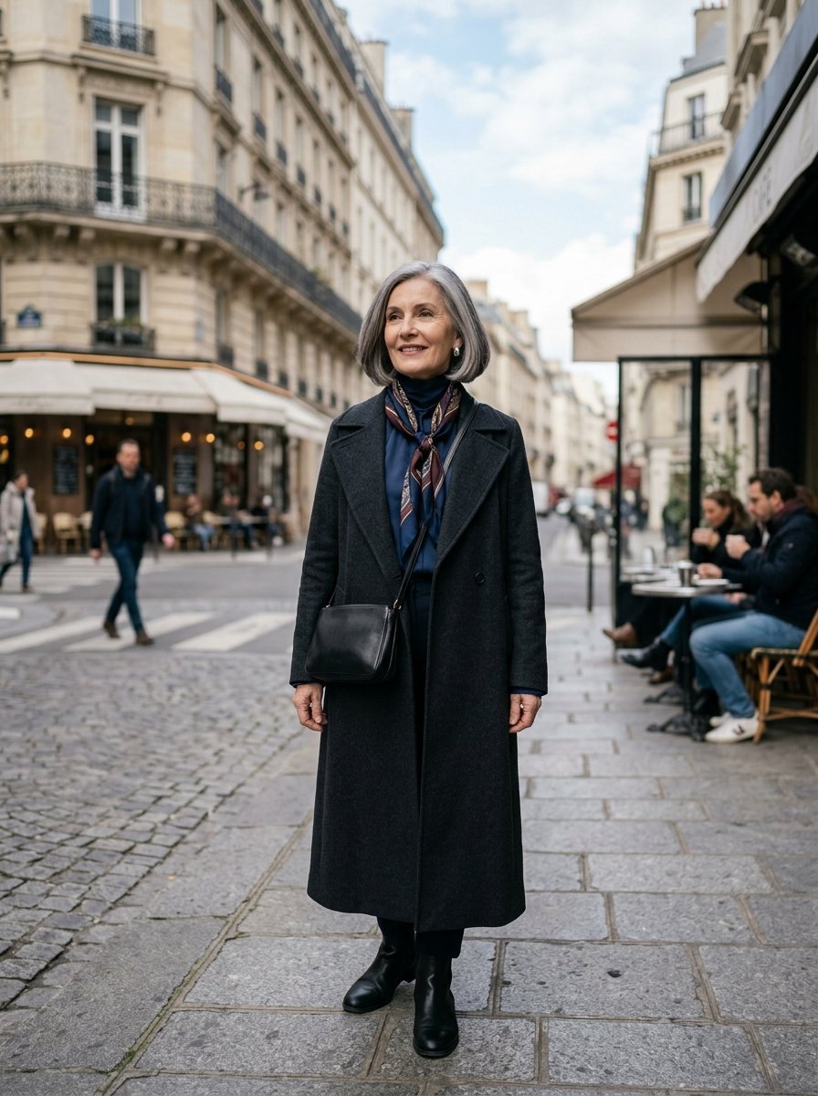 A grey-haired woman wearing a long dark coat and scarf stands on a cobblestone street in Paris.