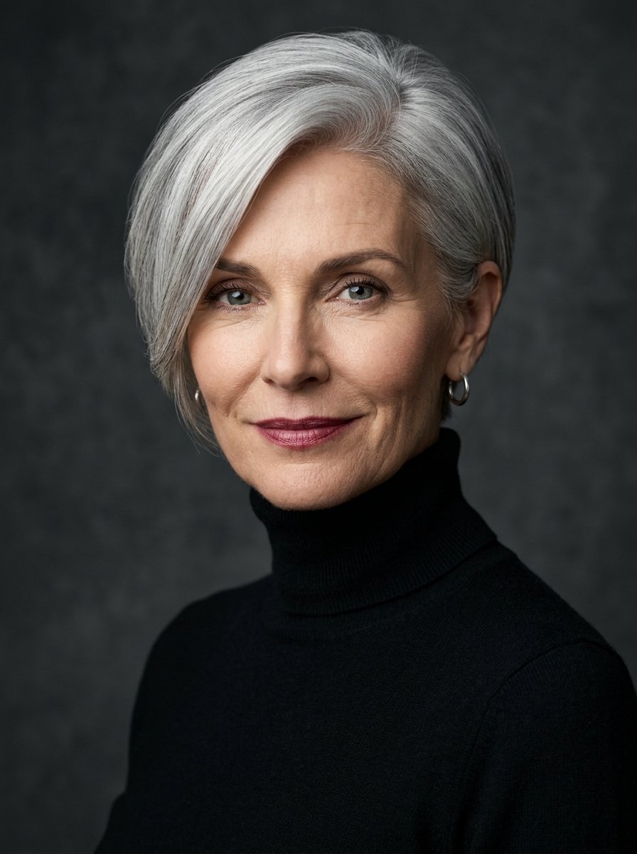 Close-up portrait of a woman with gray hair wearing a black turtleneck against a dark, textured background.