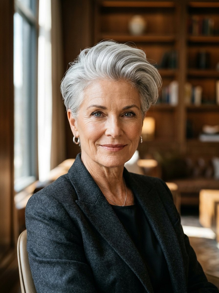 Portrait of a mature woman with grey hair wearing a charcoal blazer in a library setting.