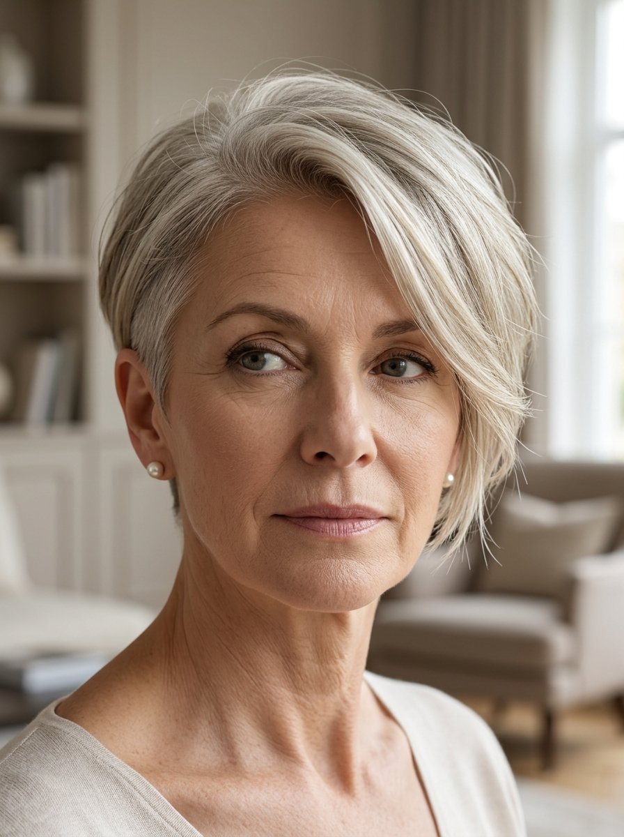 Close-up portrait of an older woman with short blonde-grey hair and small pearl stud earrings.