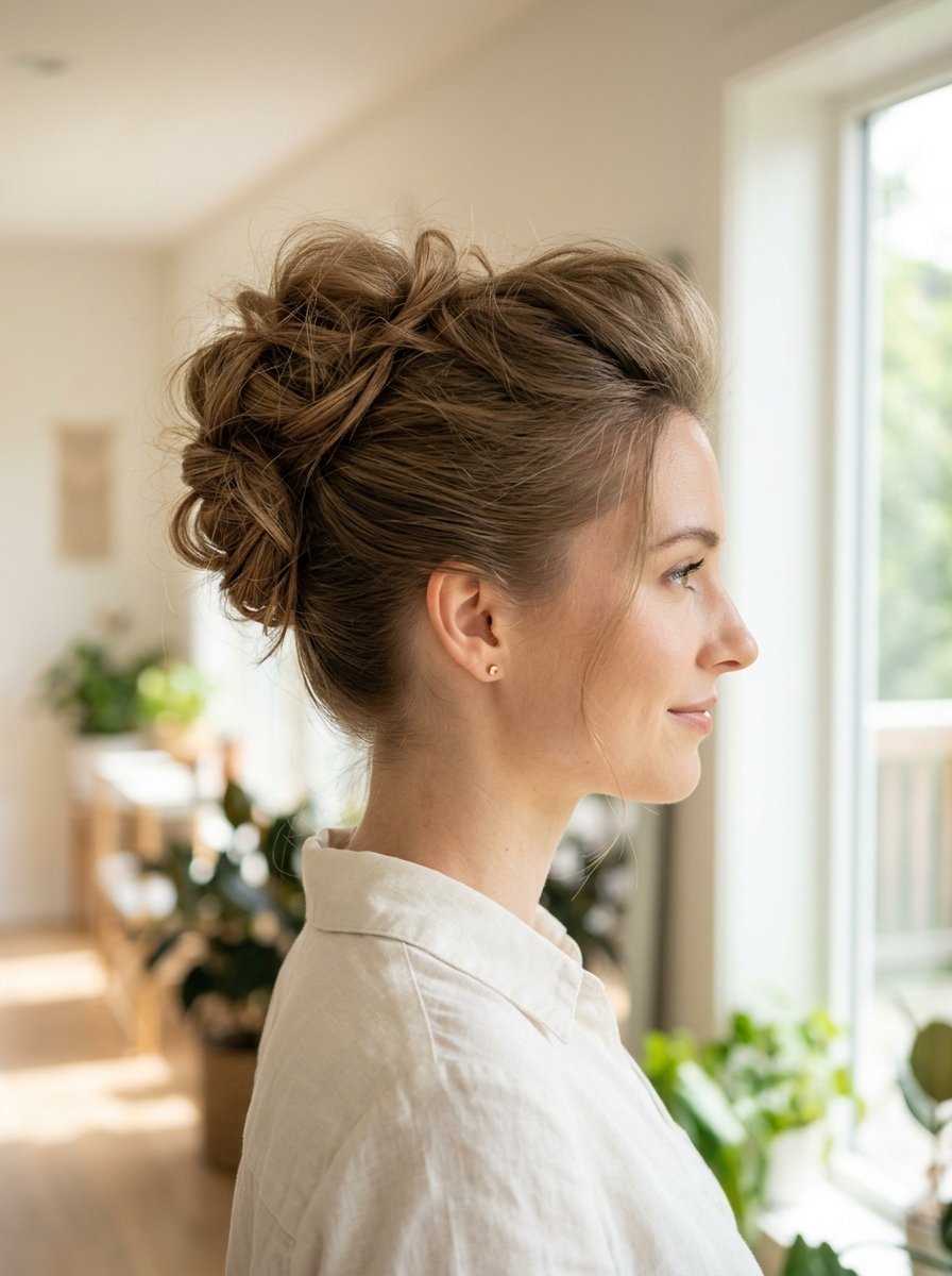Side profile view of a woman with her blonde hair pulled back into a messy, voluminous bun.