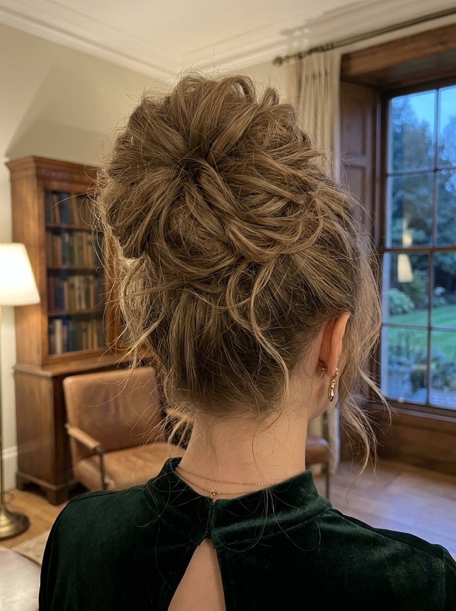 Close up rear view of a woman with highlighted brown hair styled in a voluminous messy updo, wearing gold jewelry.
