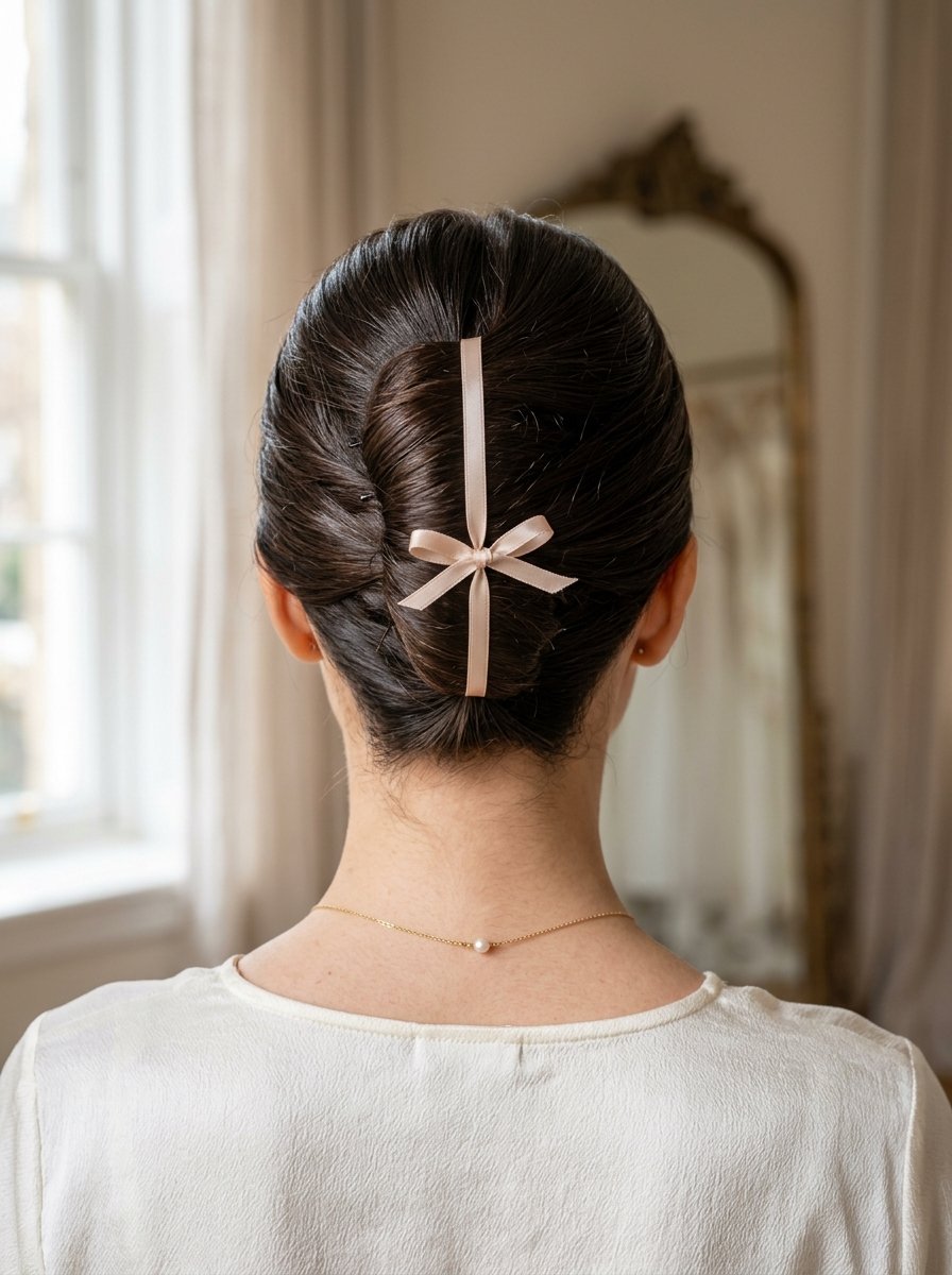 Back view of a woman with a sleek updo hairstyle featuring a beige vertical ribbon tied in a small bow.