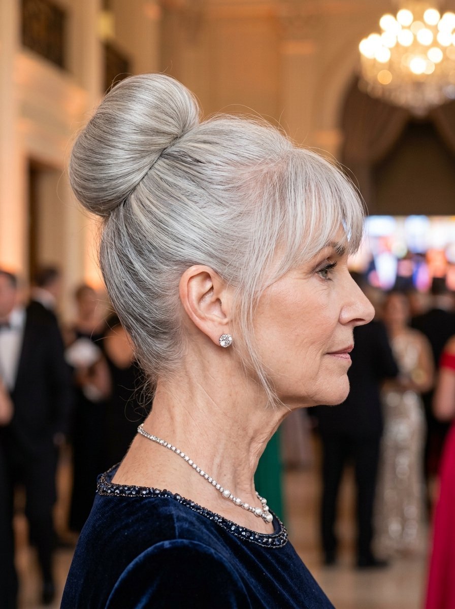 Side profile of an older woman with grey hair styled in a high bun wearing a velvet dress and pearl necklace.