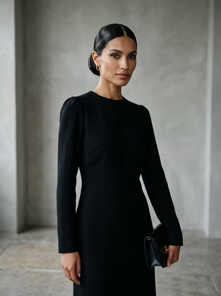 A woman with a polished hair bun wears a minimalist black gown and holds a small clutch against a neutral grey wall.