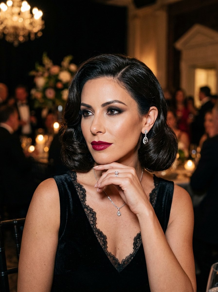 Close up of a woman with dark wavy hair and red lipstick wearing a black velvet dress and diamond jewelry.
