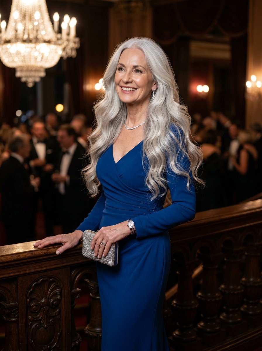 An older woman with long wavy white hair wearing a formal blue dress at a ballroom event.