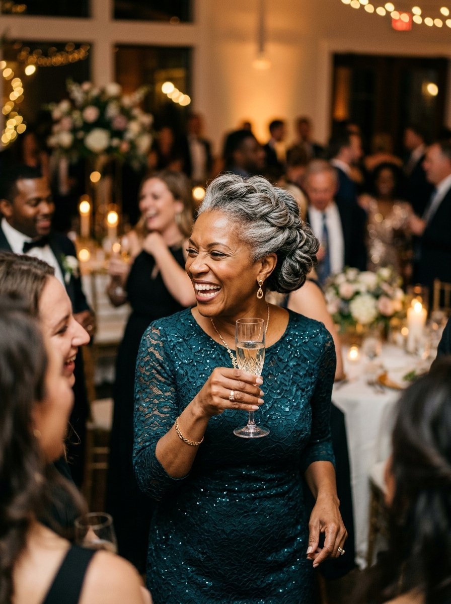 A mature woman with braided silver hair holding a champagne flute and laughing at a festive party.