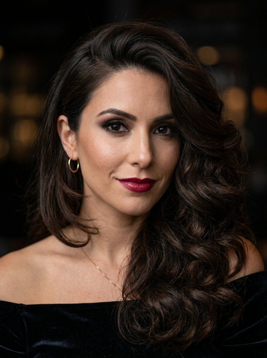 Close-up of a smiling woman with voluminous dark hair, deep red lipstick, and gold hoop earrings.