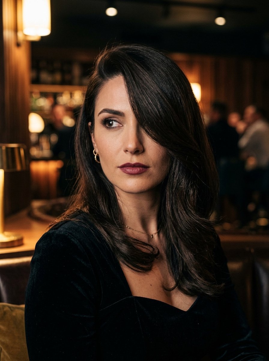 Portrait of a woman wearing a black velvet top in a dimly lit, upscale restaurant setting.
