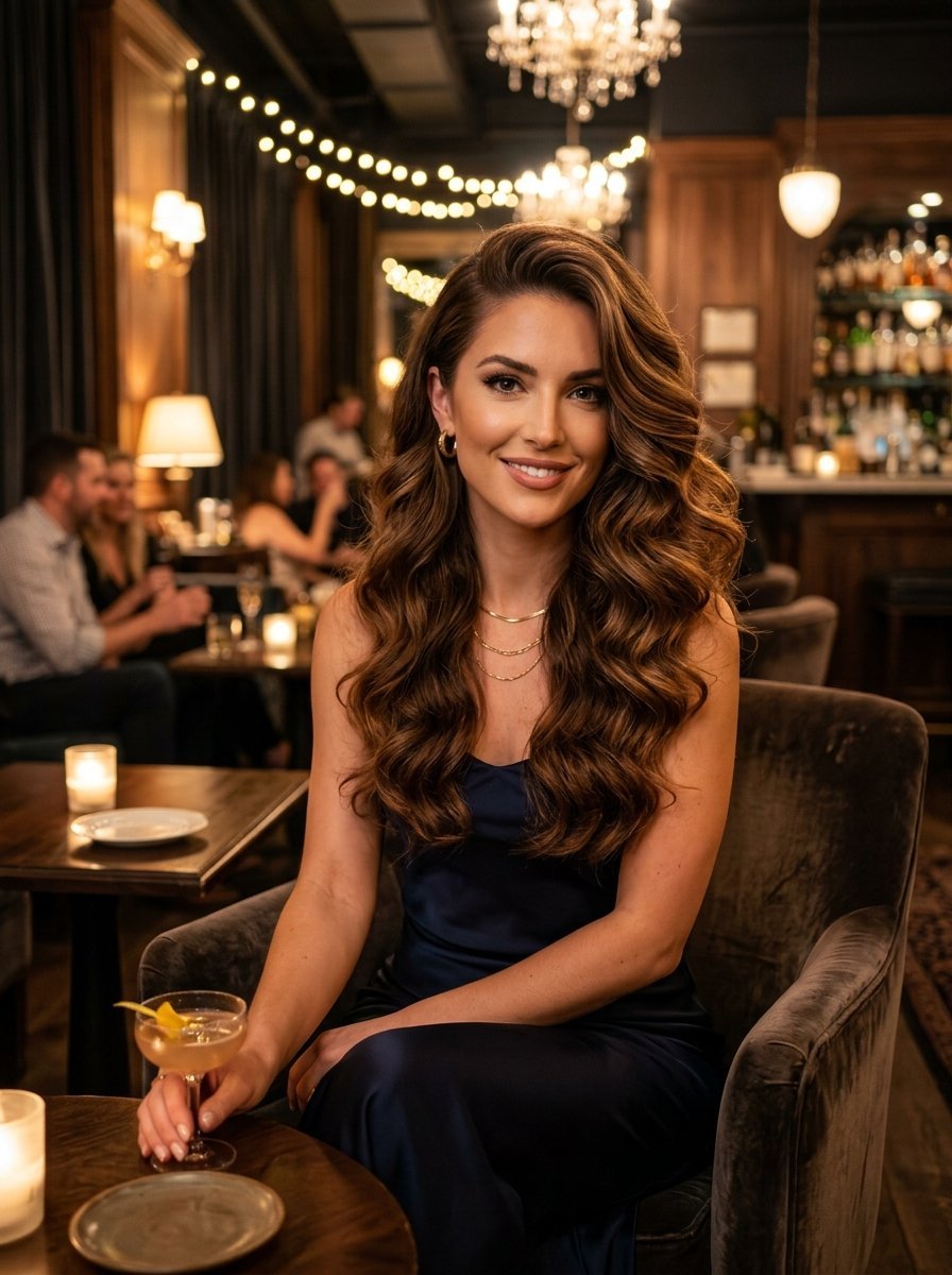 Smiling woman in navy slip dress holding a cocktail in a dimly lit sophisticated bar setting.