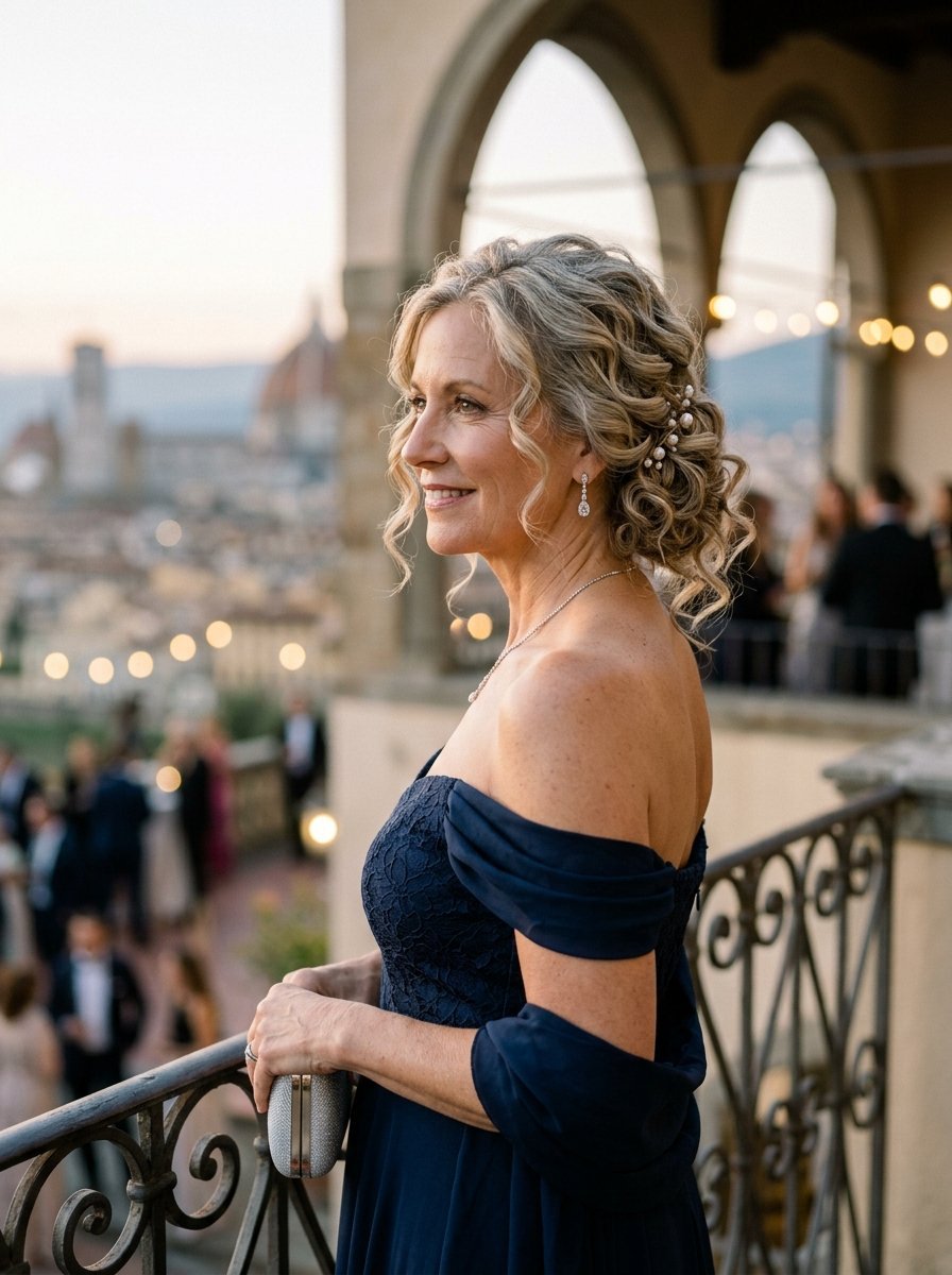 Profile view of a blonde woman in an off-the-shoulder evening dress standing on a stone balcony at sunset.