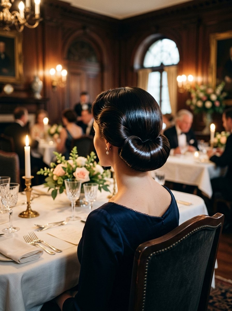 Back view of a woman with a polished hair bun attending a candlelit dinner in a classic wooden paneled dining room.