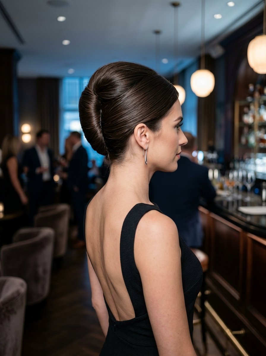 Side profile of a woman with brunette hair styled in a smooth French twist, wearing a sleeveless black dress.