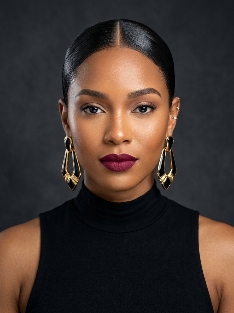 Close-up headshot of a woman with slicked hair, deep matte lipstick, and architectural black and gold jewelry.