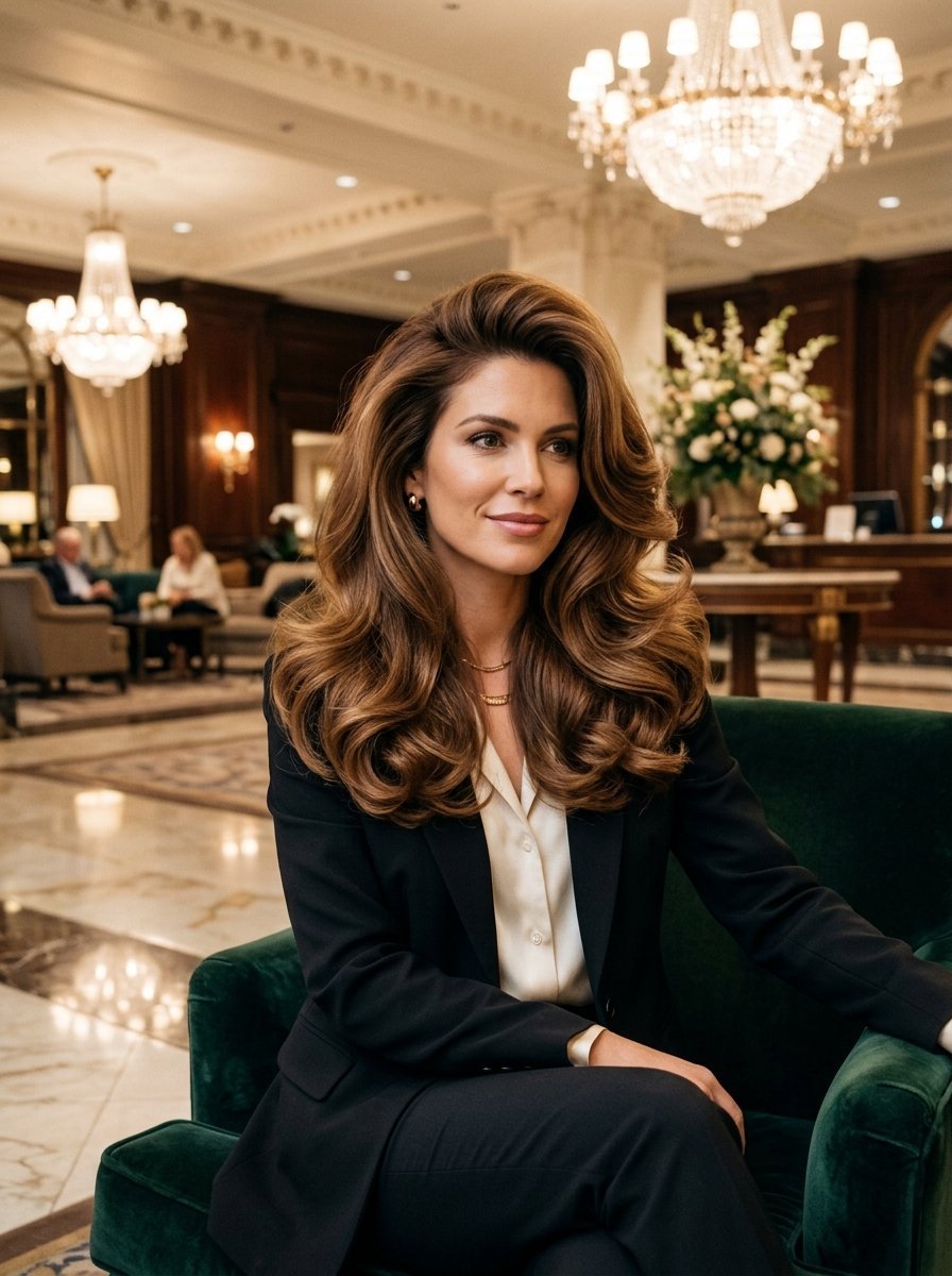 Portrait of a woman with voluminous brown hair wearing a black suit seated in a green velvet armchair.