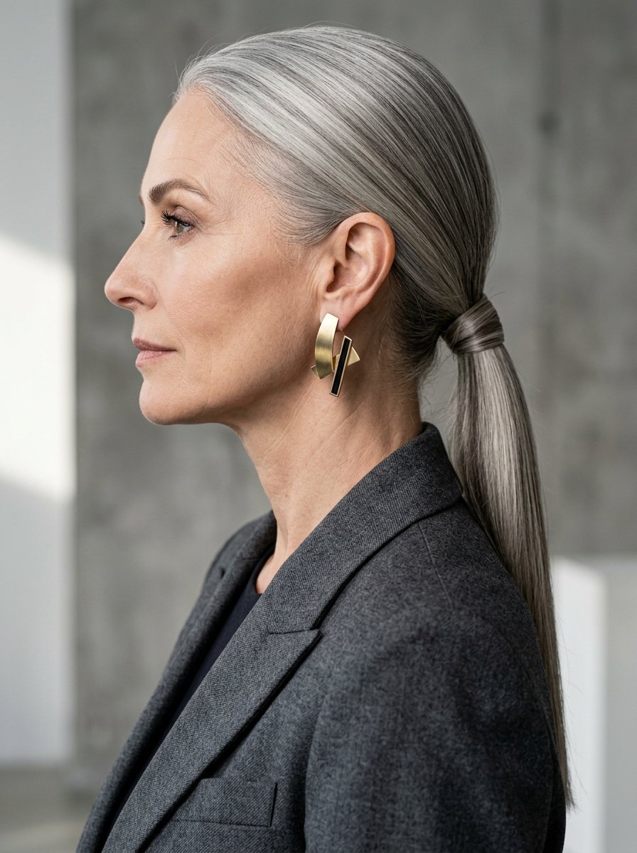 A mature woman with sleek silver hair in a ponytail wearing sculptural gold and black earrings and a charcoal blazer.