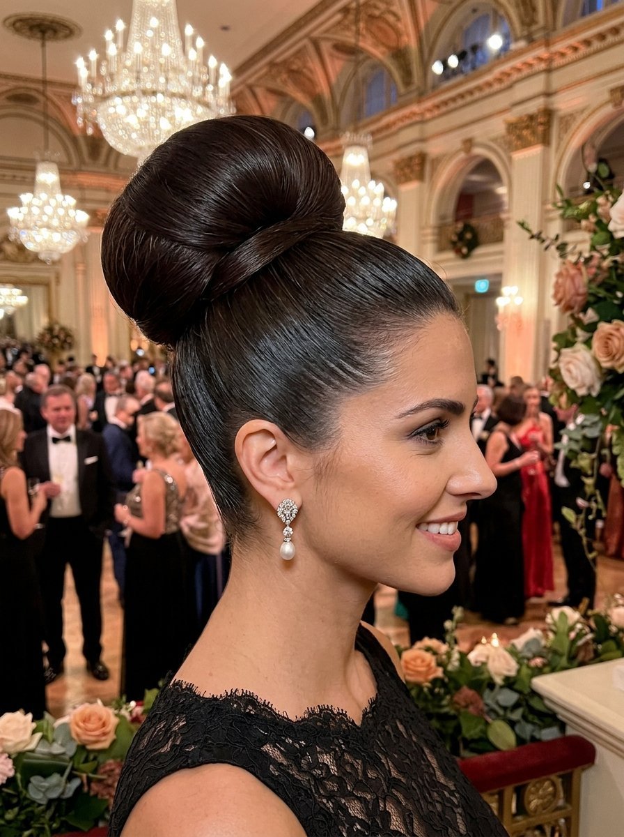 Profile view of a woman with a polished high hair bun wearing pearl earrings at a crowded gala reception.