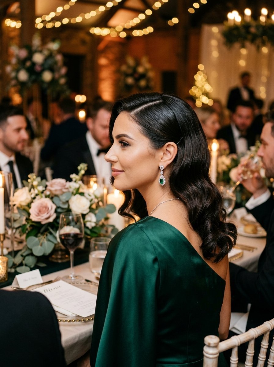 Side profile of a woman with dark wavy hair wearing green satin dress and teardrop emerald earrings at a reception.