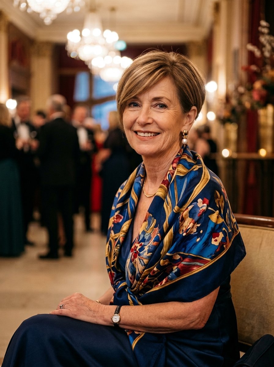 Portrait of a smiling mature woman wearing a blue floral shawl and gold jewelry at an indoor evening event.