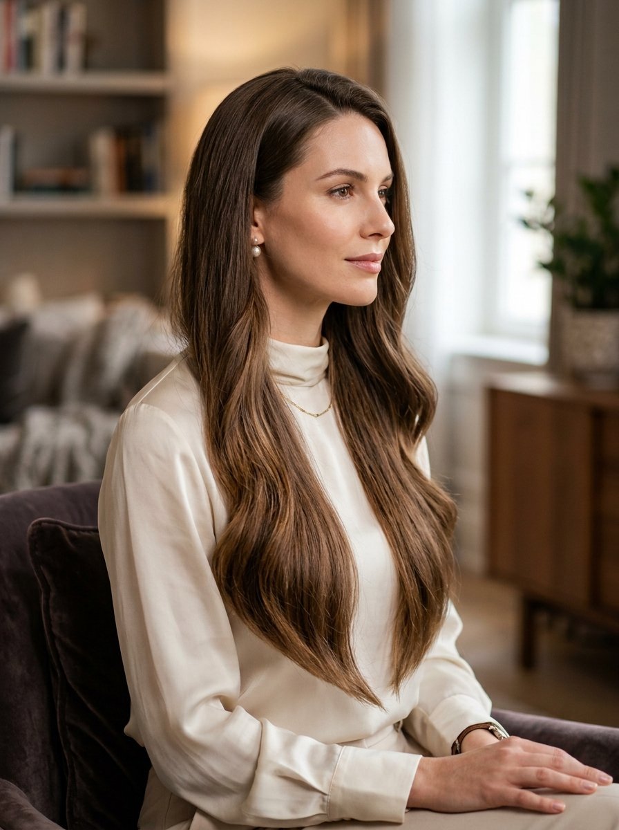 Profile view of a woman wearing a cream silk blouse sitting in a cozy room.
