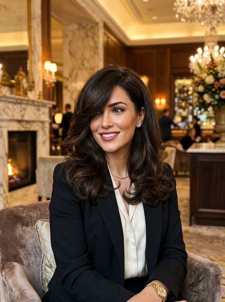 Portrait of a dark-haired woman in a black blazer sitting in an upscale, warm-lit fireplace room.