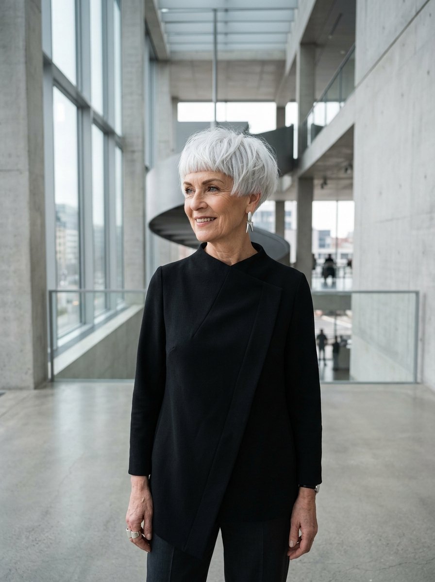 An elderly woman with a white pixie cut wearing a black jacket, standing in a bright concrete building hall.