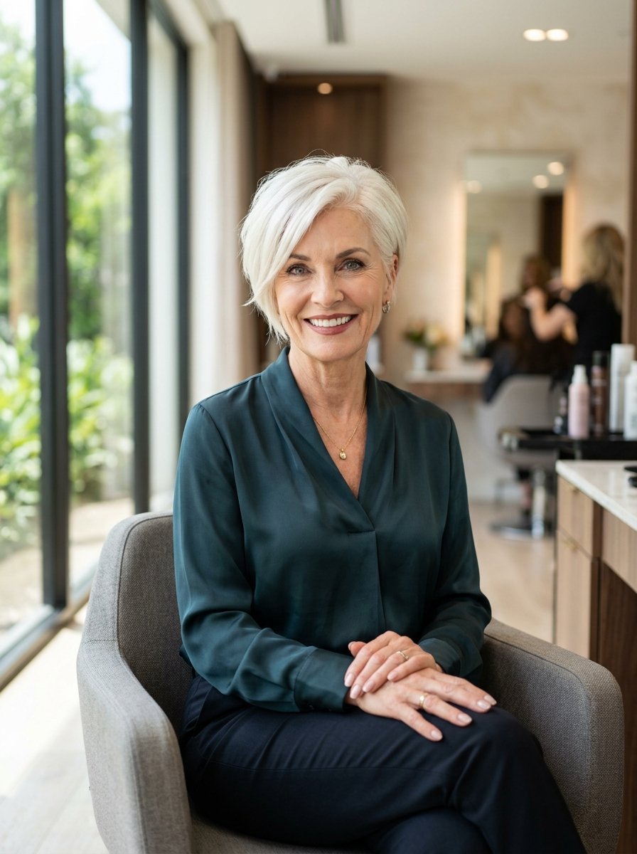 Smiling woman with a short white pixie cut wearing a dark teal blouse in a hair salon.