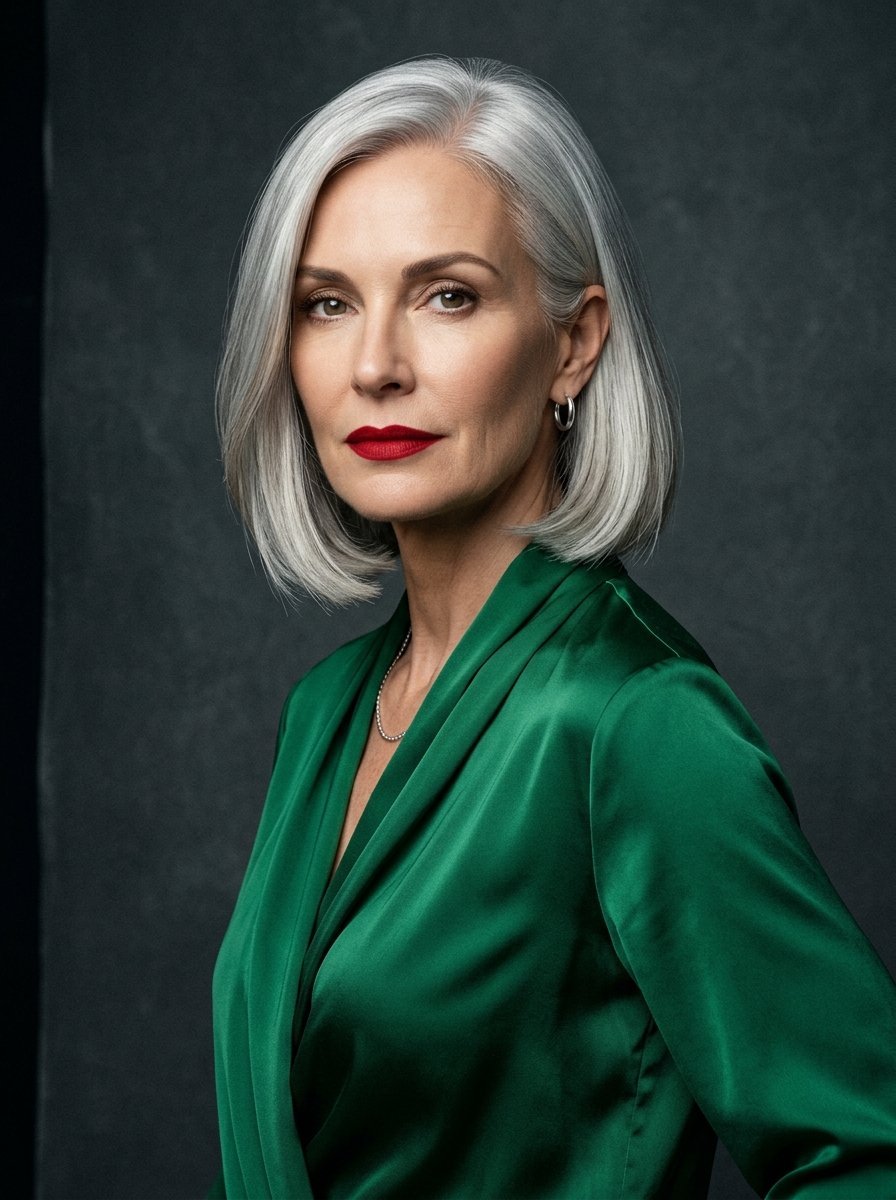 Portrait of a mature woman with grey hair wearing a shiny green satin wrap top against a dark background.