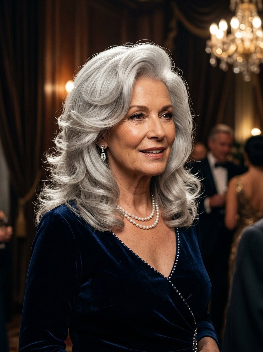 A mature woman with voluminous silver hair wearing a pearl necklace and blue dress at a formal event.
