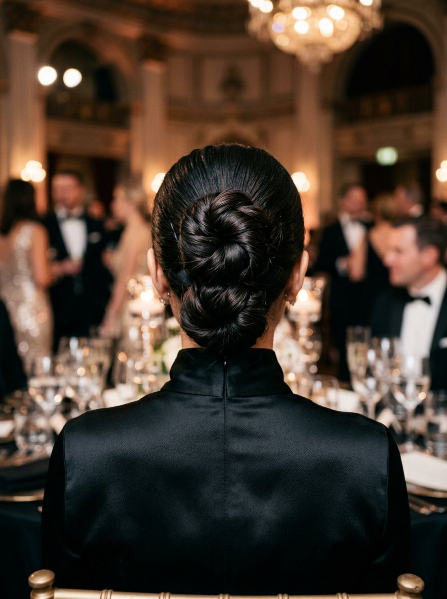 Close-up back view of a woman with a dark, sophisticated braided bun at an upscale gala event.